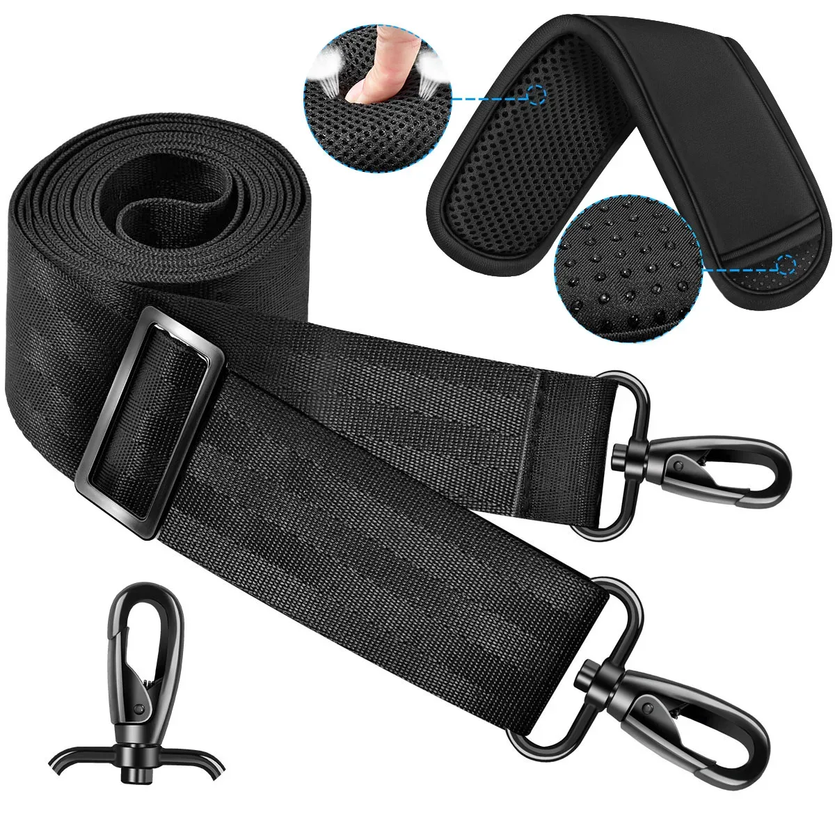 ceinture sac nylon noir rembourrée points supérieurs sacoche ordinateur portable bandoulière longueur réglable usage voyage