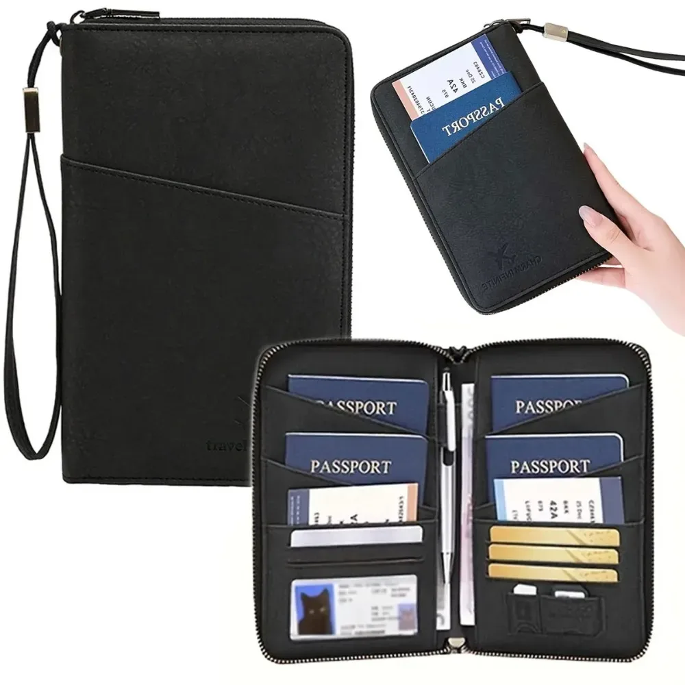 Portefeuille de voyage en cuir anti-RFID pour passeports familiaux avec dragonne, emplacement pour stylo, organiseur de cartes, billets et documents – Essentiels de voyage