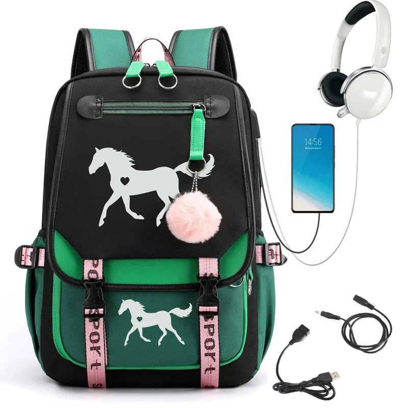 sac dos nylon animaux motifs beige noir bleu marron poche avant cheval décoration pompon rose pâle grande capacité voyager étudiant
