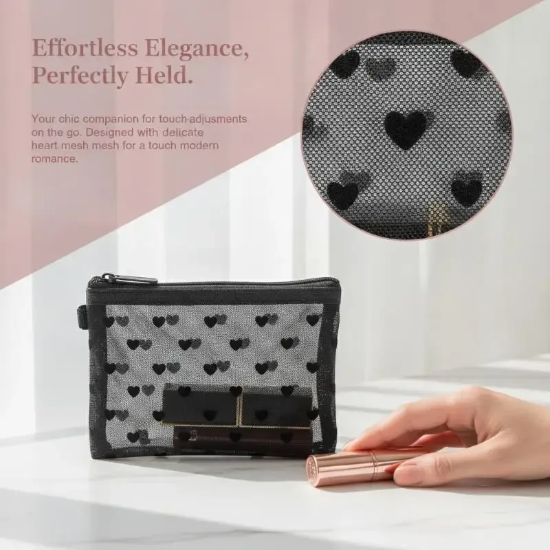 sac de maquillage en maille transparente avec imprimé cœur noir, fermeture éclair lisse, organisateur de cosmétiques léger pour les vacances et la salle de bain.