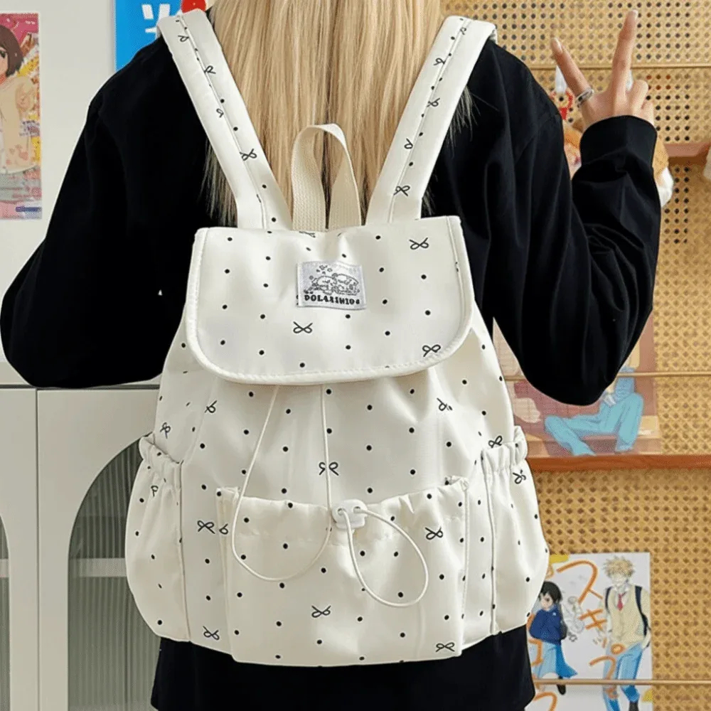 Sac à dos de style japonais pour femmes, motif à pois, fermeture à cordon, sac à dos de grande capacité, sac de style Preppy