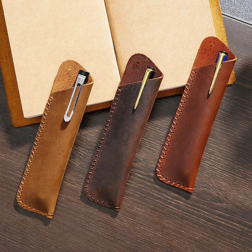étui à stylos en cuir véritable fait main, cadeau créatif, style rétro simple et personnalisé, en cuir de vachette pleine fleur, housse de protection