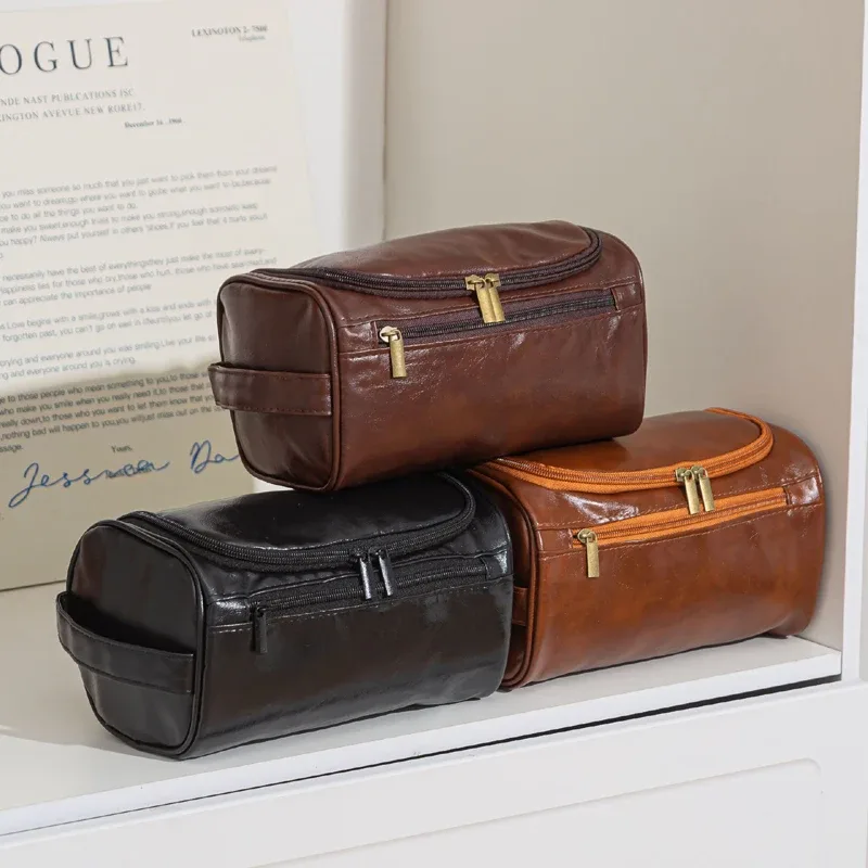 trousse de toilette de voyage en cuir pour hommes et femmes, grande capacité, organisateur de cosmétiques avec crochet de suspension, sac de rangement maquillage étanche