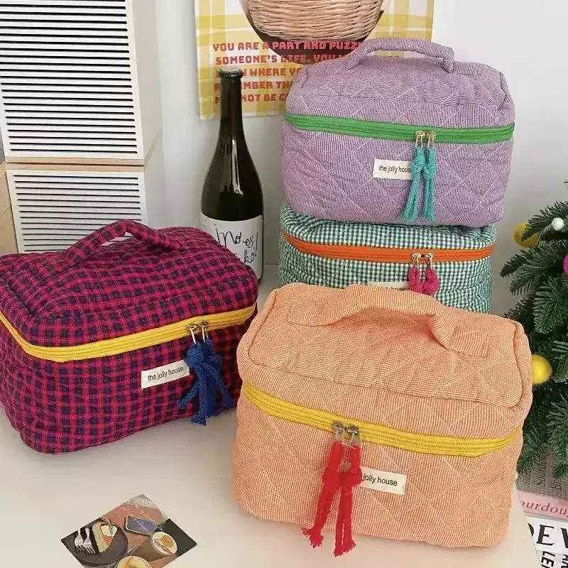 sac de maquillage à carreaux bloquant les couleurs pour femmes, sac de rangement pour pinceaux de maquillage de grande capacité, trousse de toilette pour soins de la peau