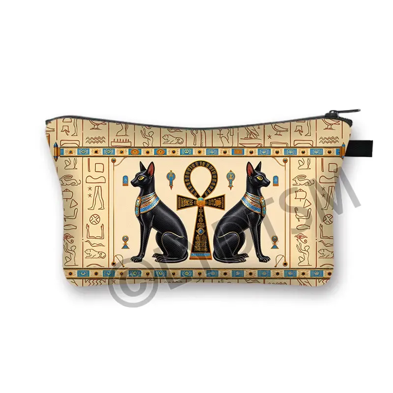 trousse à cosmétiques imprimée chat noir égyptien ancien, sac de maquillage pour femmes, hiéroglyphes égyptiens, croix ankh, rouge à lèvres, serviette, sacs de toilette