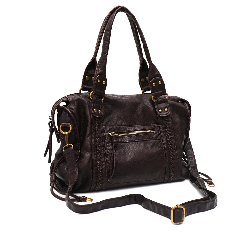 vintage lavé en cuir pu grande capacité fourre-tout poches zippées tresse décor épaule sac à bandoulière unisexe femmes voyage quotidien sac à main