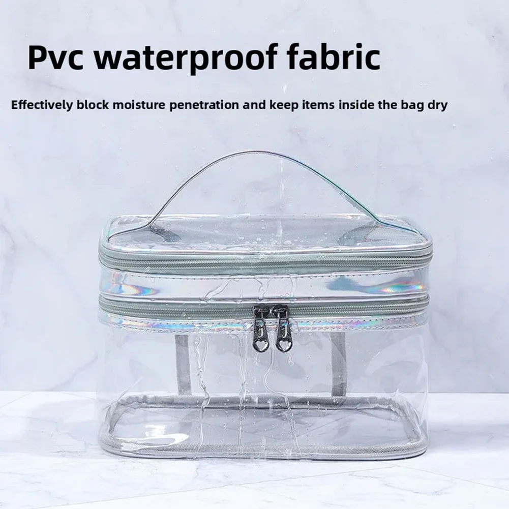 sac de maquillage transparent portable, sac à cosmétiques double couche en pvc, sac de toilette étanche de grande capacité, pochette de rangement de voyage transparente