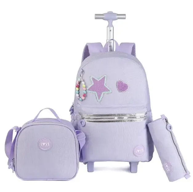 sacs à dos à roulettes avec sac à déjeuner pour filles, ensemble de sacs à roulettes pour filles, roulettes de 18 pouces, sac à dos scolaire à roulettes