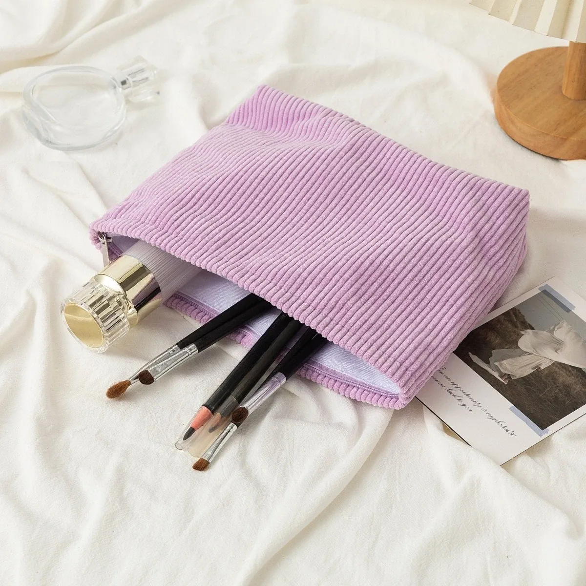 sac à cosmétiques en velours côtelé pour femmes, organisateur de maquillage coréen de couleur unie, pochette de toilette de voyage, trousse de beauté