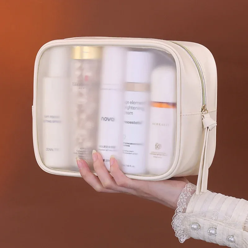 sac à cosmétiques semi-transparent en pvc mat - organisateur de maquillage de luxe grande capacité, trousse de toilette de voyage pour femmes