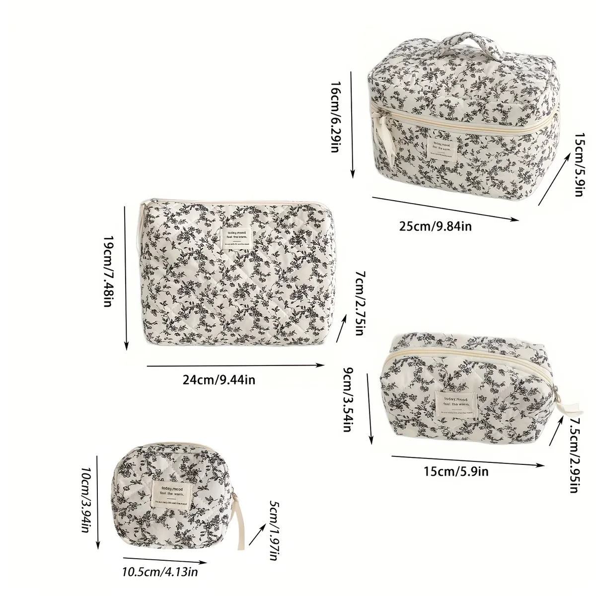 Trousse Cosmétique Tissu Coton Fleur Noire Blanc Voyage Petite Pochette Carrée Fermeture Glissière Étiquette Mood Durabilité