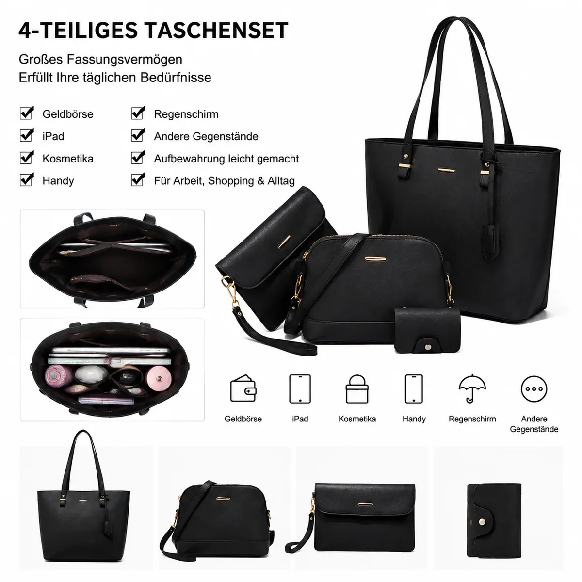 ensemble de 4 sacs à main pour femmes, sac à main en similicuir tendance, sac à bandoulière grande capacité, ensemble de sacs à main avec porte-cartes, pochette élégante, sac fourre-tout pour femmes, pour le quotidien, le bureau, le shopping, les voyages, cadeau