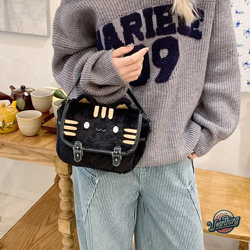 sac messager en peluche pour femme, joli sac à main de dessin animé, visage de chat mignon, sacs à bandoulière initiés