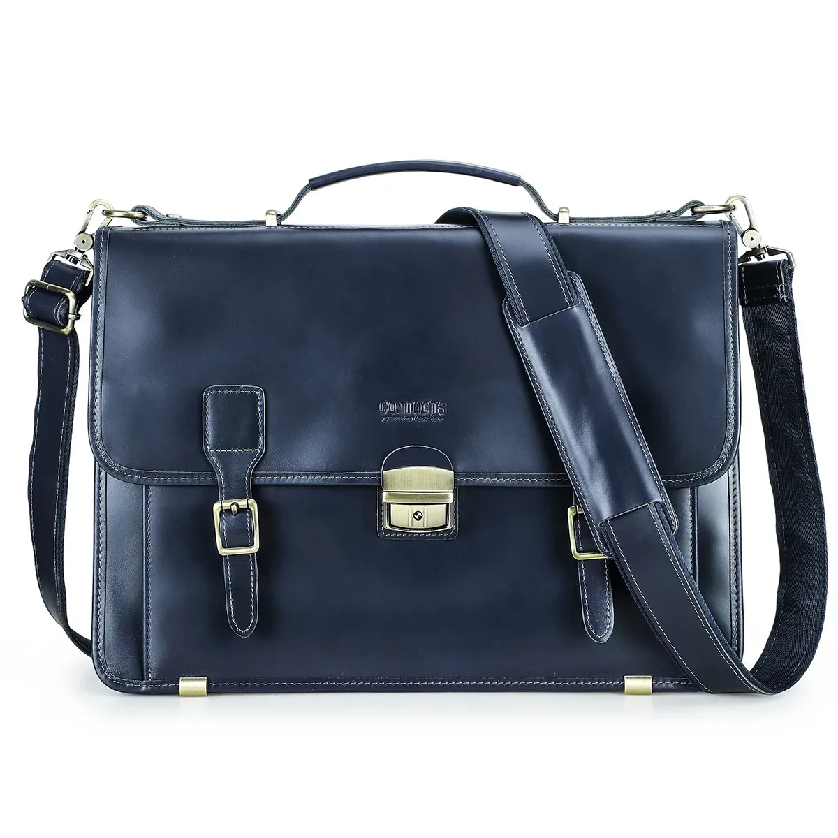 porte documents cuir vrai crazy horse marron foncé accents dorés compartiments poignées robustes sac main bandoulière voyage bureau