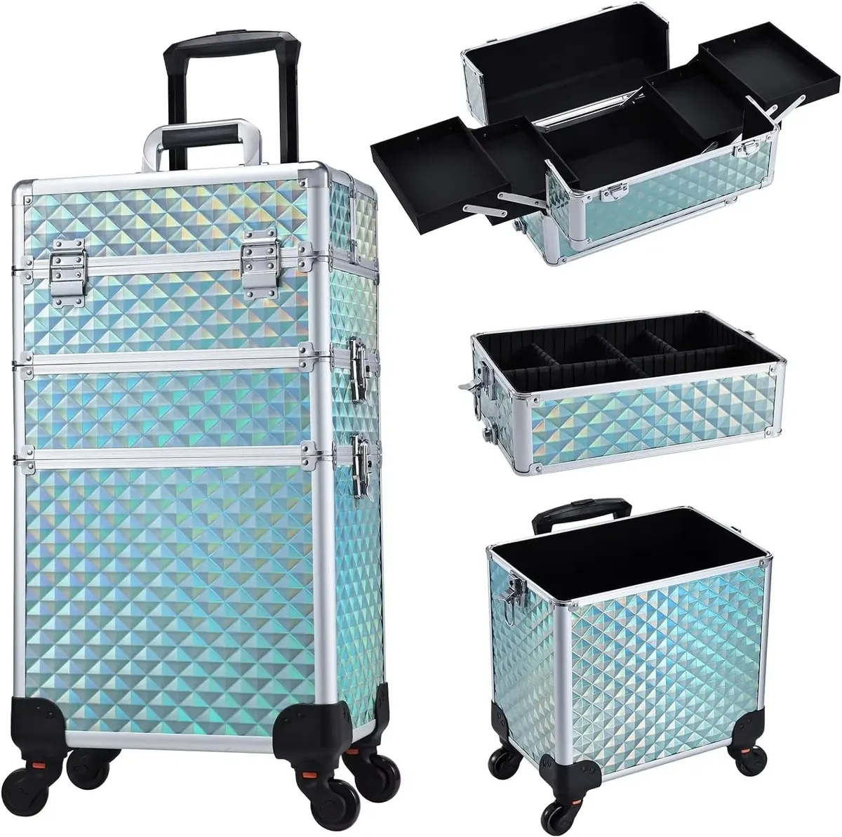 trousse de maquillage roulante 3 en 1, trousse de maquillage amovible, étui de cosmétologie sur roulettes, chariot de maquillage verrouillable de grande capacité pour salon
