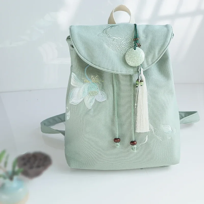 sac à dos à cordon avec broderie florale, style chinois, pour ordinateur portable, pour femme, sac à dos quotidien