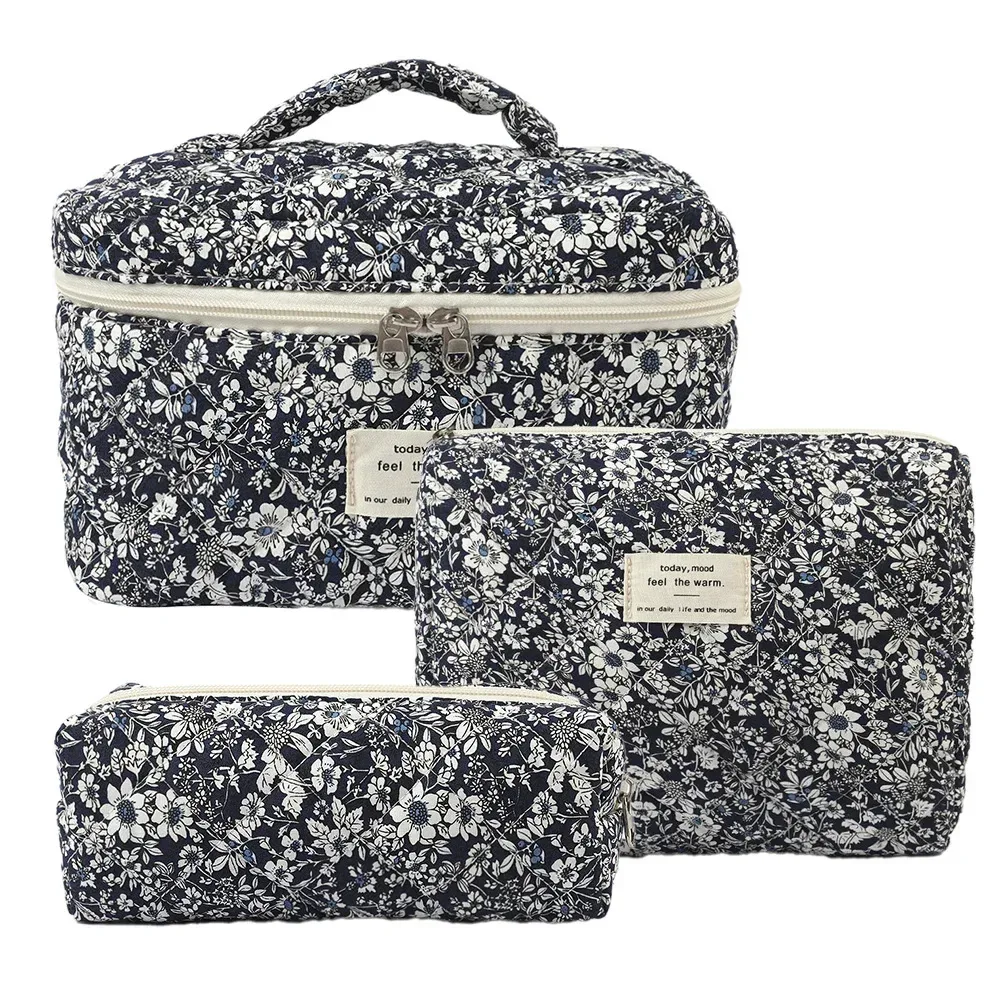sac de maquillage en coton à fleurs mignonnes pour femmes, 1 pièce, organisateur de cosmétiques à fermeture éclair, sac à main en tissu en forme de boîte, trousse de toilette portable pour filles