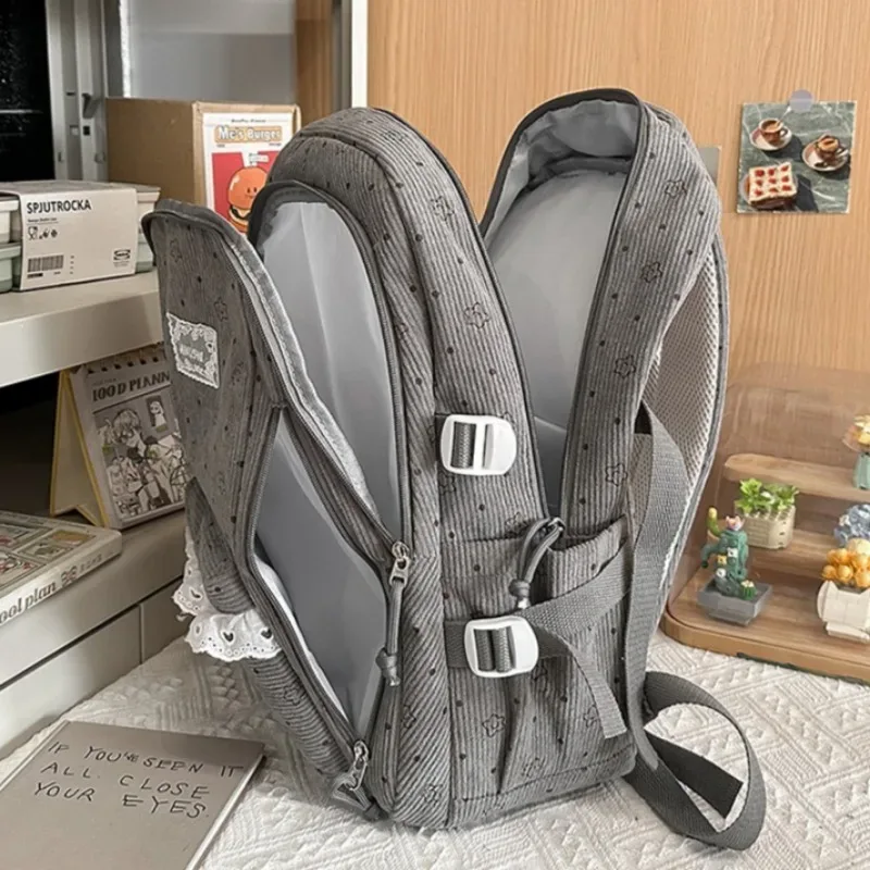 sac à dos d'hiver en velours côtelé, imprimé étoiles coréennes, avec dentelle, mignon, style mori girl, artistique, pour collégiennes