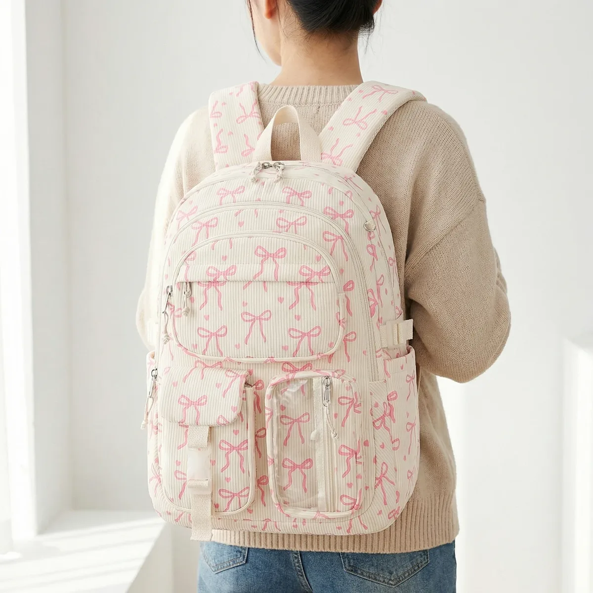 sac à dos en velours côtelé pour femmes, multi-poches, multi-couches, avec sac à lunch et trousse à crayons, sac à dos de voyage de grande capacité