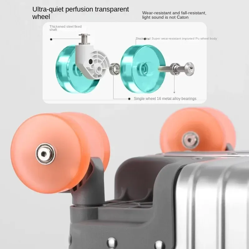 valise aluminium argenté roulettes oranges toupies ergonomiques poignées verticales voyage affaires élégante robuste durables