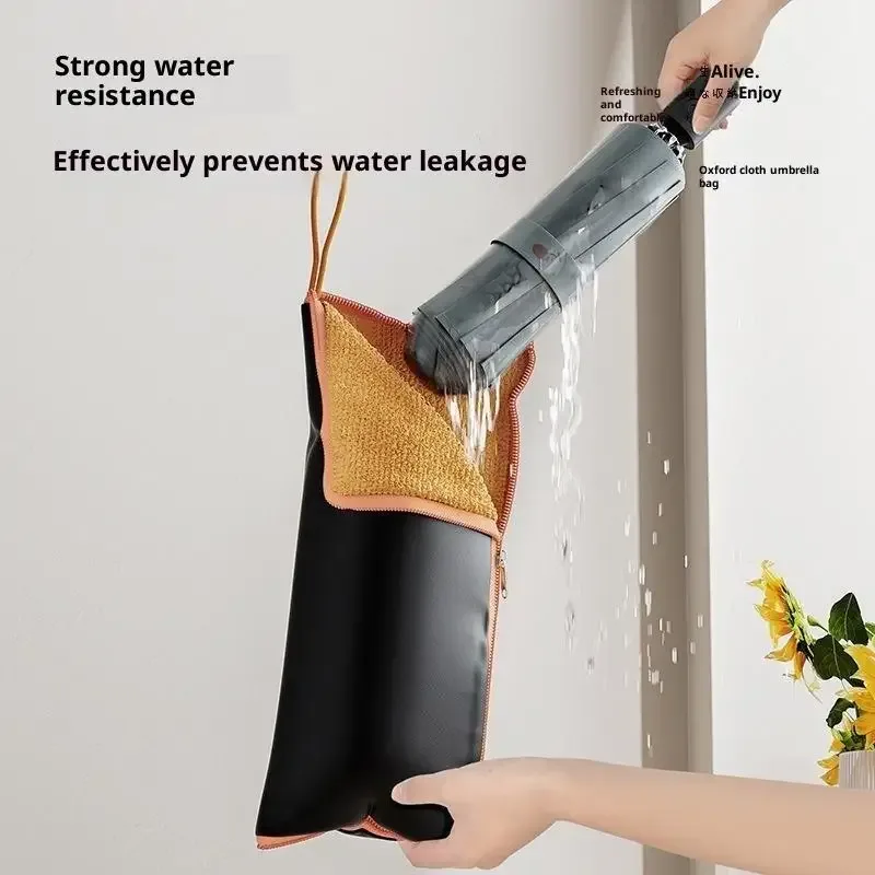 sac de rangement pour parapluie en microfibre, forte absorption d'eau, porte-parapluie pliable avec fermeture éclair et boucle de suspension, lavable à la main