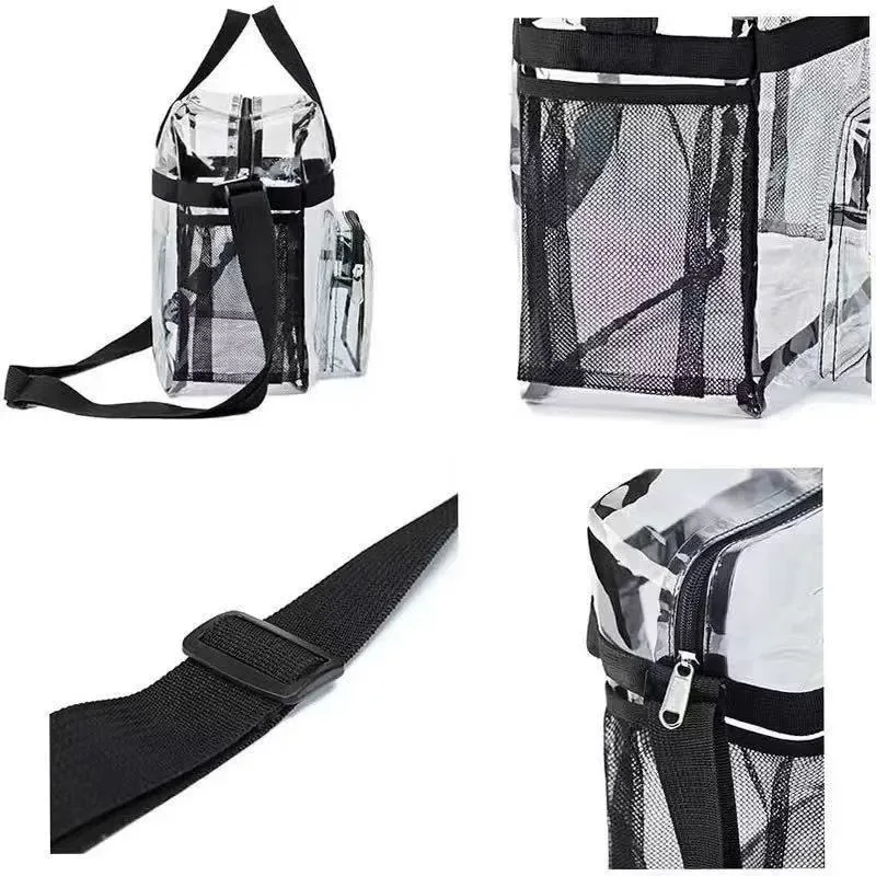 sac fourre-tout transparent robuste en pvc, approuvé pour les stades, sac bandoulière avec poches en filet pour le travail, la sécurité, les concerts et les voyages