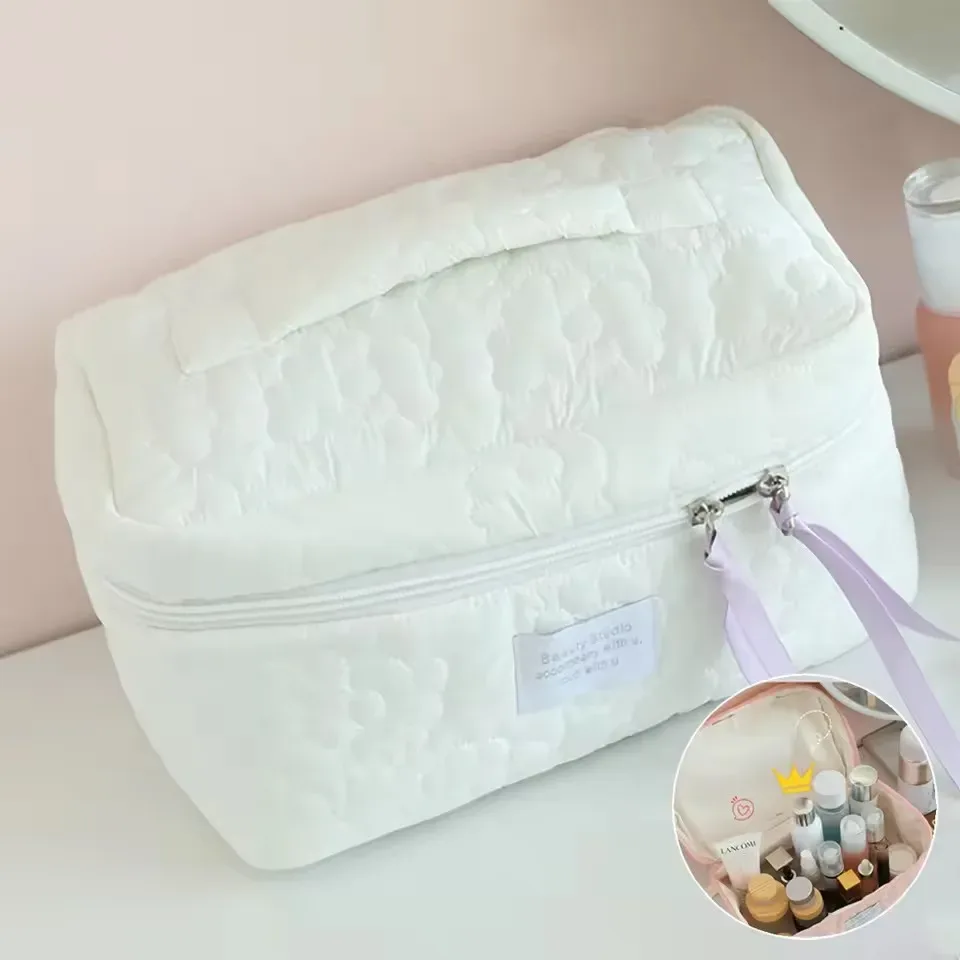 trousse de maquillage matelassée cloud, grande capacité, organiseur de cosmétiques avec poignée pour les voyages et l'usage quotidien