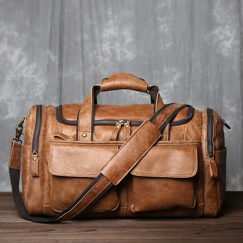 sac à bandoulière rétro en cuir véritable pour hommes, première couche de peau de vache, sac à main de voyage portable minimaliste de grande capacité pour l'extérieur