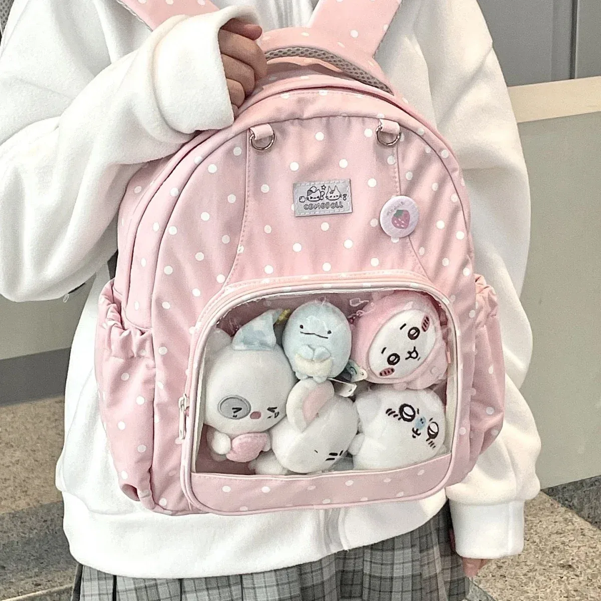 nouveau sac à dos harajuku rose kawaii à motif de dessin animé pour femme, sac à dos décontracté à pois, sac ulzzang ita doux et mignon
