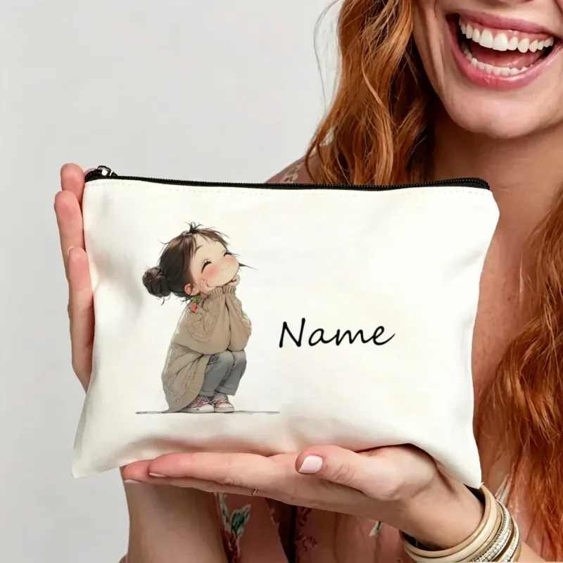 pochette de maquillage personnalisée avec imprimé de fille de dessin animé mignon, sac cosmétique de voyage, étui à fermeture éclair pour le rangement des rouges à lèvres, étui à crayons, sac à maquillage, cadeau pour femmes