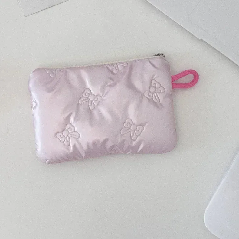 sac à cosmétiques matelassé coréen en pu avec nœud d'amour, pochette pour produits de soins de la peau, poche intérieure, sac de rangement multifonction pour maquillage et rouge à lèvres