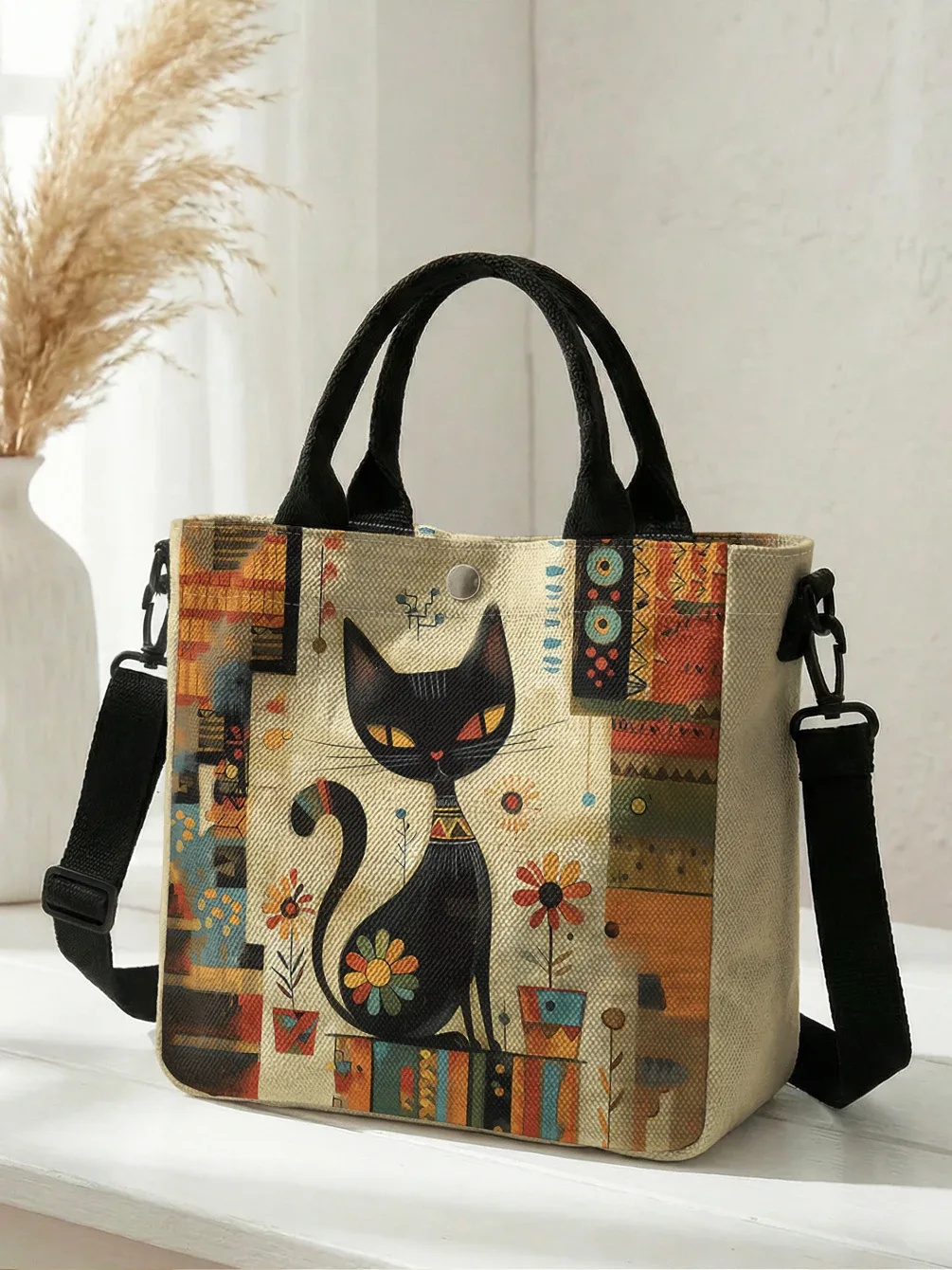 sac fourre-tout avec imprimé artistique de chat noir géométrique abstrait, sac à bandoulière avec sangle détachable pour femmes, pour les courses quotidiennes