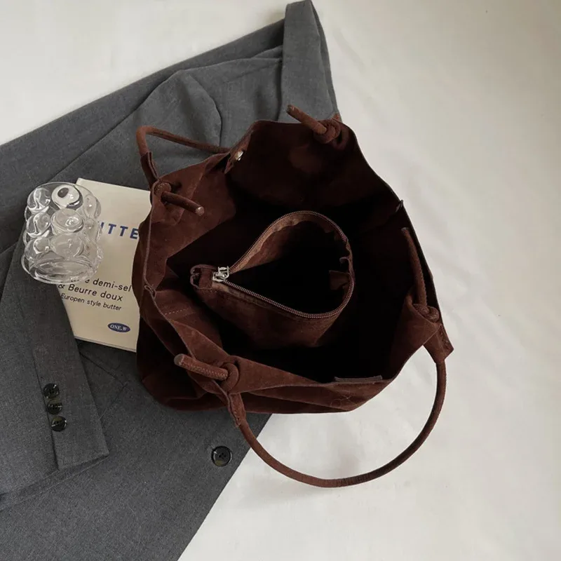 sac à bandoulière rétro en daim pour femmes, nouvelles couleurs unies, fourre-tout décontracté de grande capacité, fermeture éclair, fil à coudre polyvalent pour l'artisanat