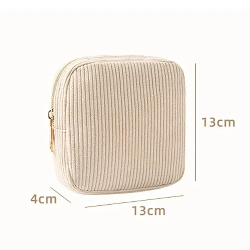 pochette polyester beige rayures verticales cosmétiques serviettes hygiéniques voyage femmes organisateur tranche usage polyvalent