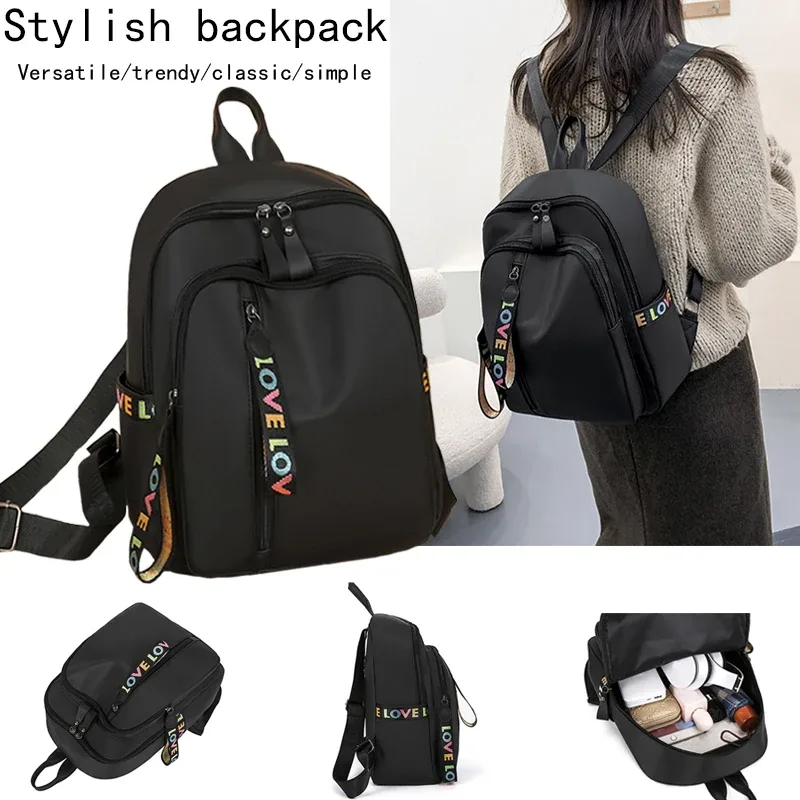 sac à dos antivol élégant grace, sac à dos portable en nylon noir avec joli ornement de lettres colorées pour femme, idéal pour le quotidien