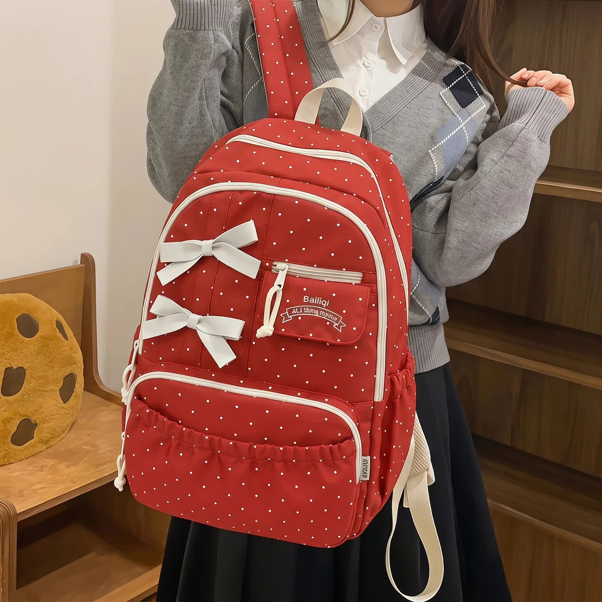 sac mignon et kawaii pour filles, sac à dos esthétique à pois et nœud, léger, multi-compartiments, bretelles respirantes