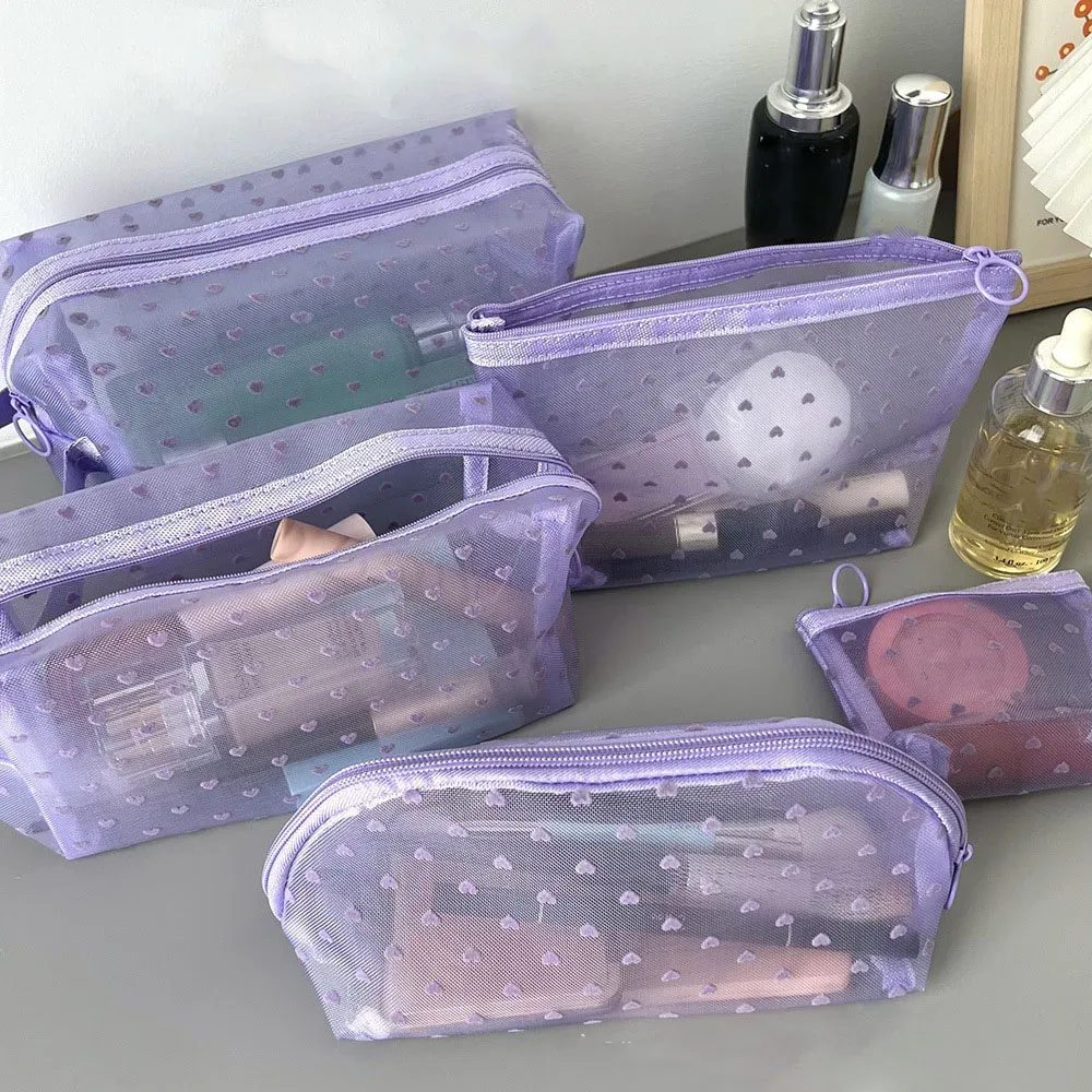 sac de rangement de cosmétiques pour femmes, support organisateur de voyage, sac à main en maille de nylon imprimé cœur violet, sac de maquillage transparent et mignon, pochette