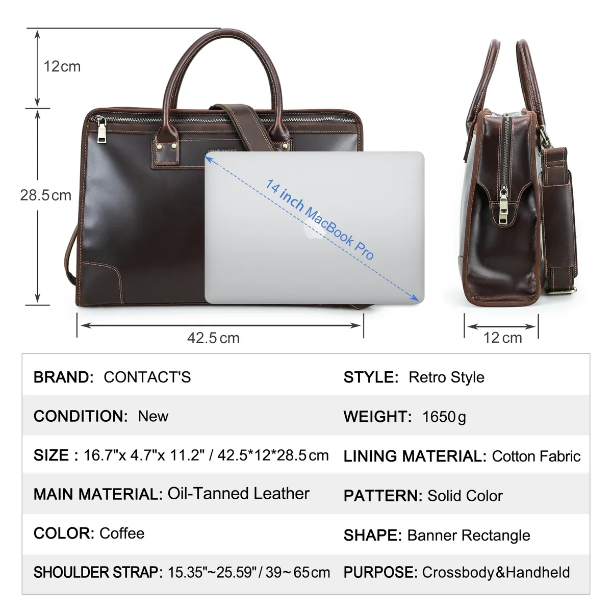 contact's sacs d'affaires en cuir véritable pour hommes, mallette de bureau, sac de travail en cuir, sacoche à bandoulière, sac fourre-tout pour ordinateur portable 14 pouces pour hommes