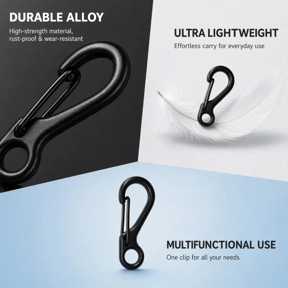 carabiner métal noir clip ressort sangles voyage camping escalade survie activités plein air randonnée utilisation rapide sécurisée conception robuste