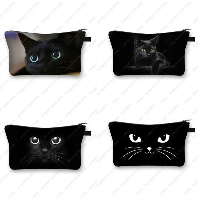 Sac de rangement de cosmétiques pour femmes, sac de maquillage de marque à la mode avec imprimé de chat noir mignon