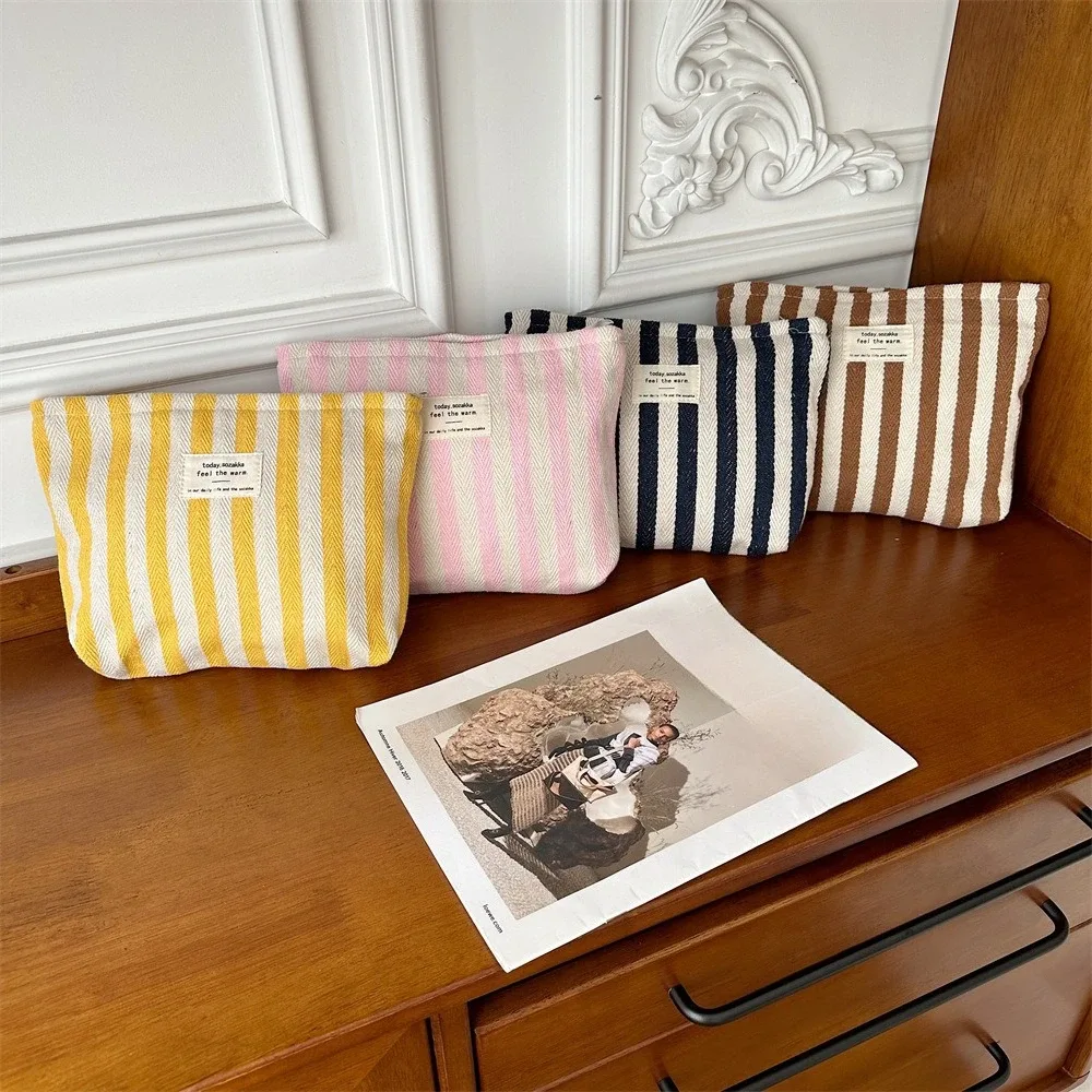 sac à cosmétiques à rayures, organisateur de voyage en toile portable pour dames, petit étui de maquillage de rangement