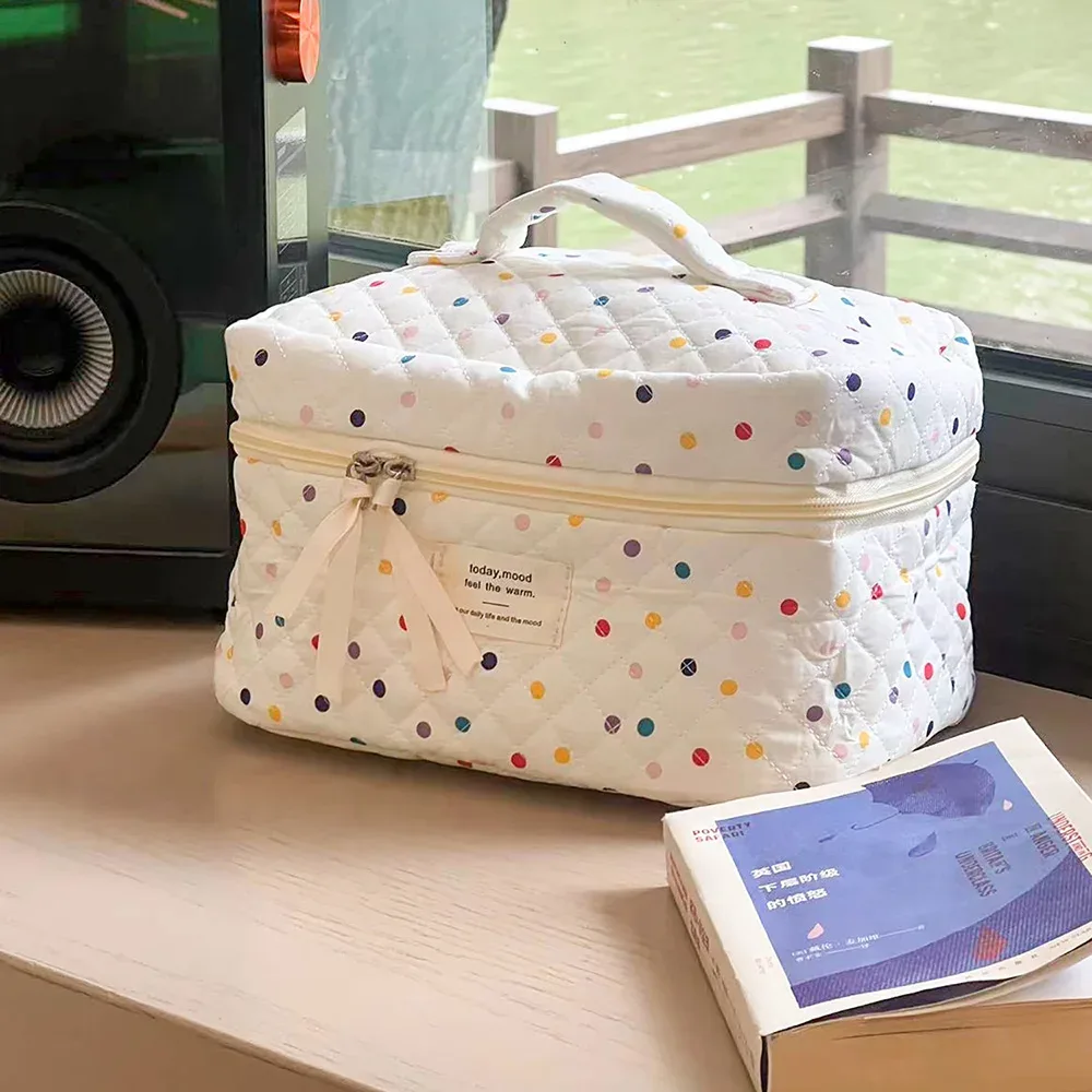 sac de rangement de maquillage pour femmes, fourre-tout à points colorés, organisateur de voyage portable, sac matelassé pour cosmétiques, pochette pour dames pour rouges à lèvres