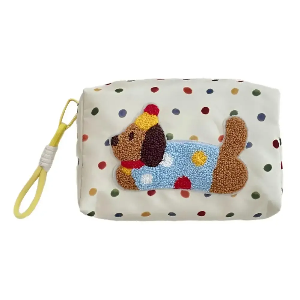 trousse polyester blanche chien tricoté pois colorés sangle poignet organisation maquillage toilette voyage femmes