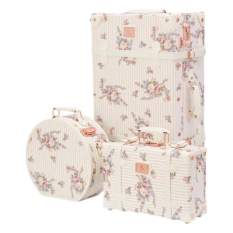 valise de cabine à imprimé floral de créateur-bagage spinner en cuir pu avec étui à cosmétiques, valise trolley rétro pour voyage pour femmes
