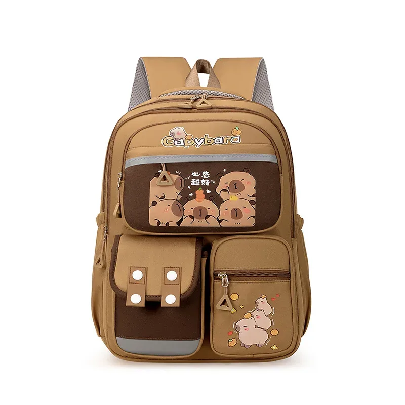 sac dos nylon dessin animés marron clair grand format cadre interne poche latérale ultra léger informatique souple limon jacquard bandoulière arquée préppy école voyage