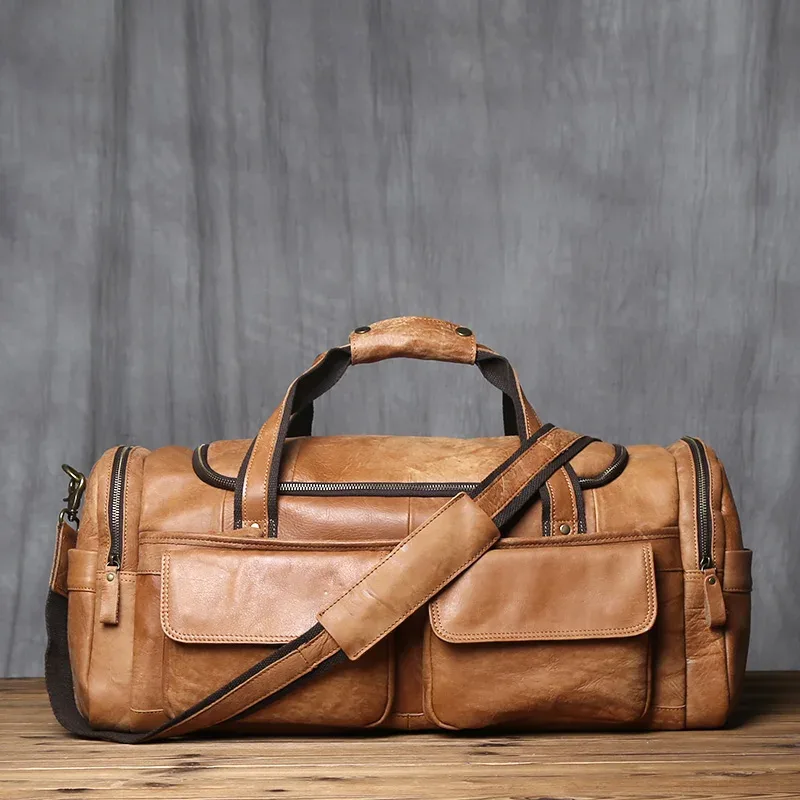 sac à main rétro en cuir pour hommes, sac de voyage, couche supérieure en peau de vache, grande capacité, sacoche asymétrique épaule, sacoche décontractée pour ordinateur portable, nzpj