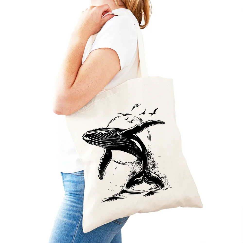 sac fourre-tout léger pour femme, motif baleine, dauphin, monde marin, sac de shopping pour fille, sac à main double impression monde des requins, sacs de shopping pour femme