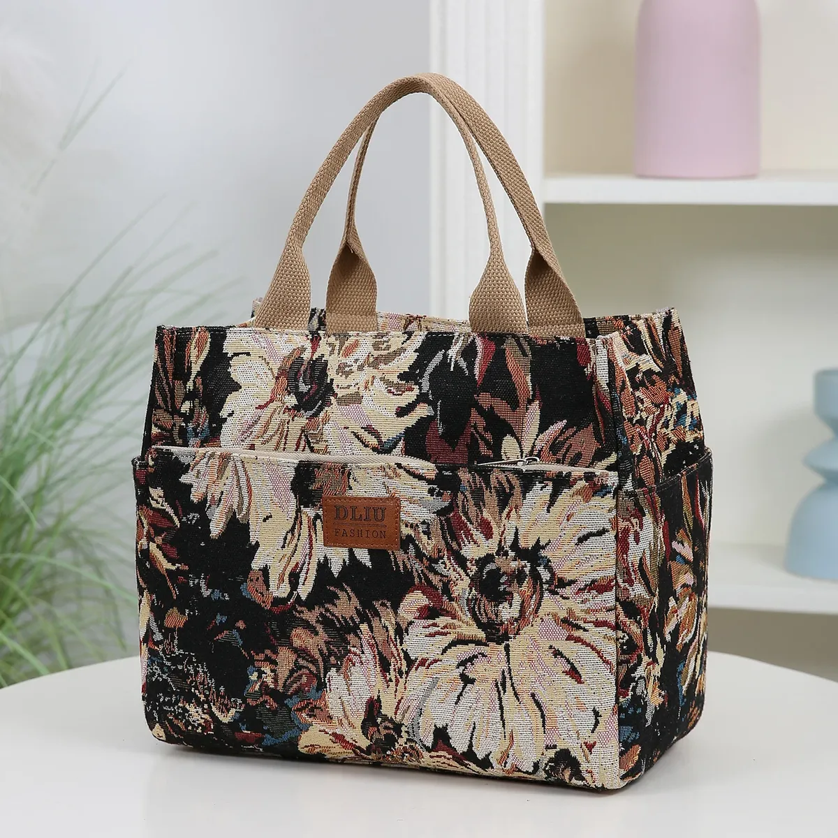 nouveau sac à main en tissu épais de grande capacité, sac fourre-tout, sac de shopping, sac polyvalent, sac à lunch, sac bento, motif floral