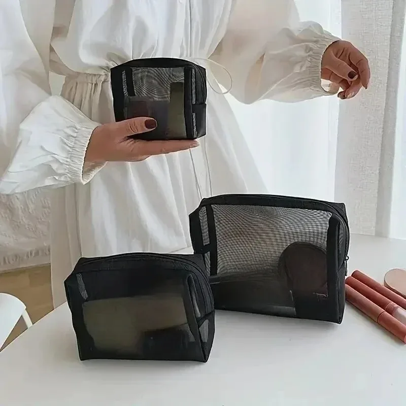 sacs à cosmétiques transparents en maille, petit grand sac de maquillage noir, étui de rangement de toilette de voyage portable, pochette de rangement de rouge à lèvres 1/3 pièces