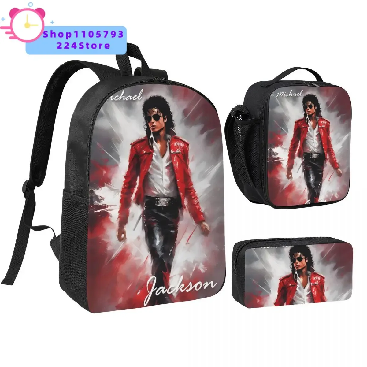 Sac à dos Michael Jackson 3 pièces/ensemble pour étudiant, sac à dos de lycée, sac à lunch, trousse à crayons, ensemble de trois pièces imprimées.